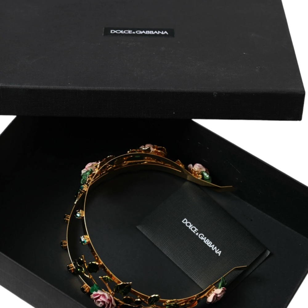 Dolce Gabbana Gold Brass Roses Crystal Embellished Headband Metal Diadem In Box - Picture 10 of 10